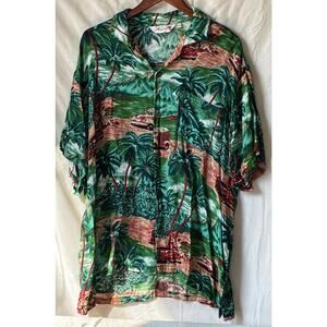 Wuwatu Hawaiian Aloha Camp Shirt Volcano Palm Trees Beach Size XXL